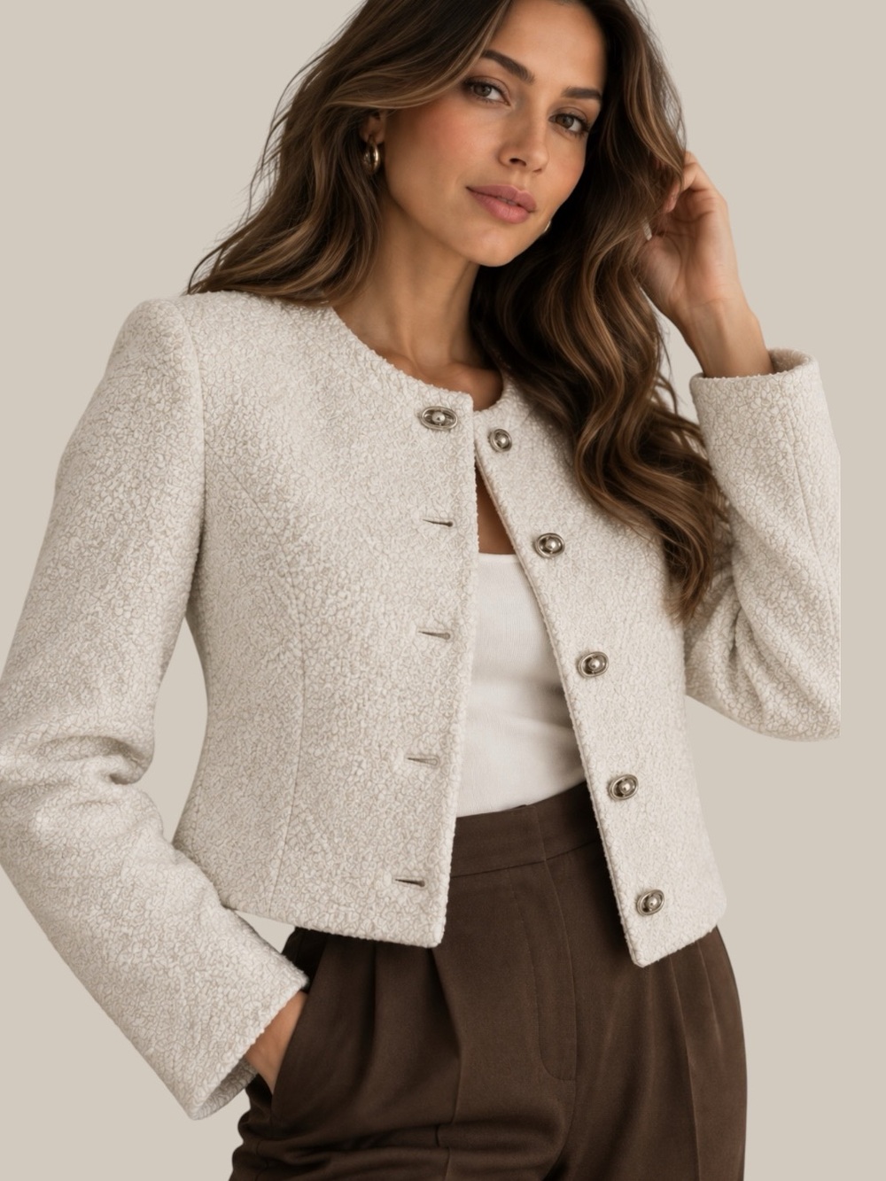 ARCHAIC Korean Designer Ivory Boucle Wool Cropped Jacket Size S